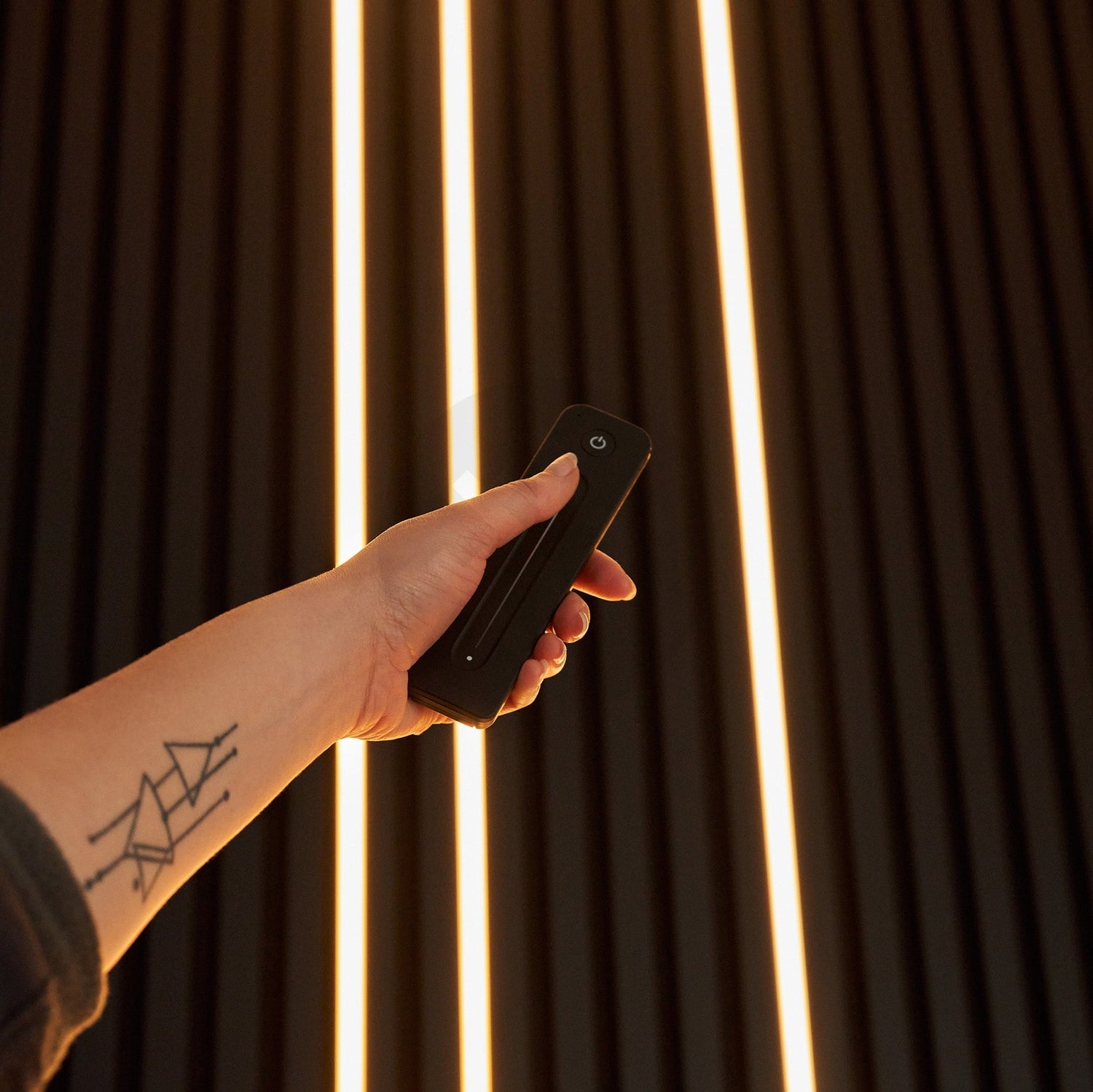 Glow LED strip lights behind acoustic slat wall panels - ambient lighting - Walevo UK
