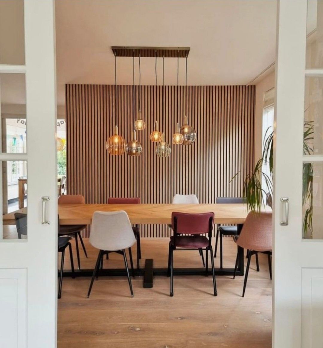 Dining room acoustic slat wall panels - real wood veneer feature wall - Walevo UK