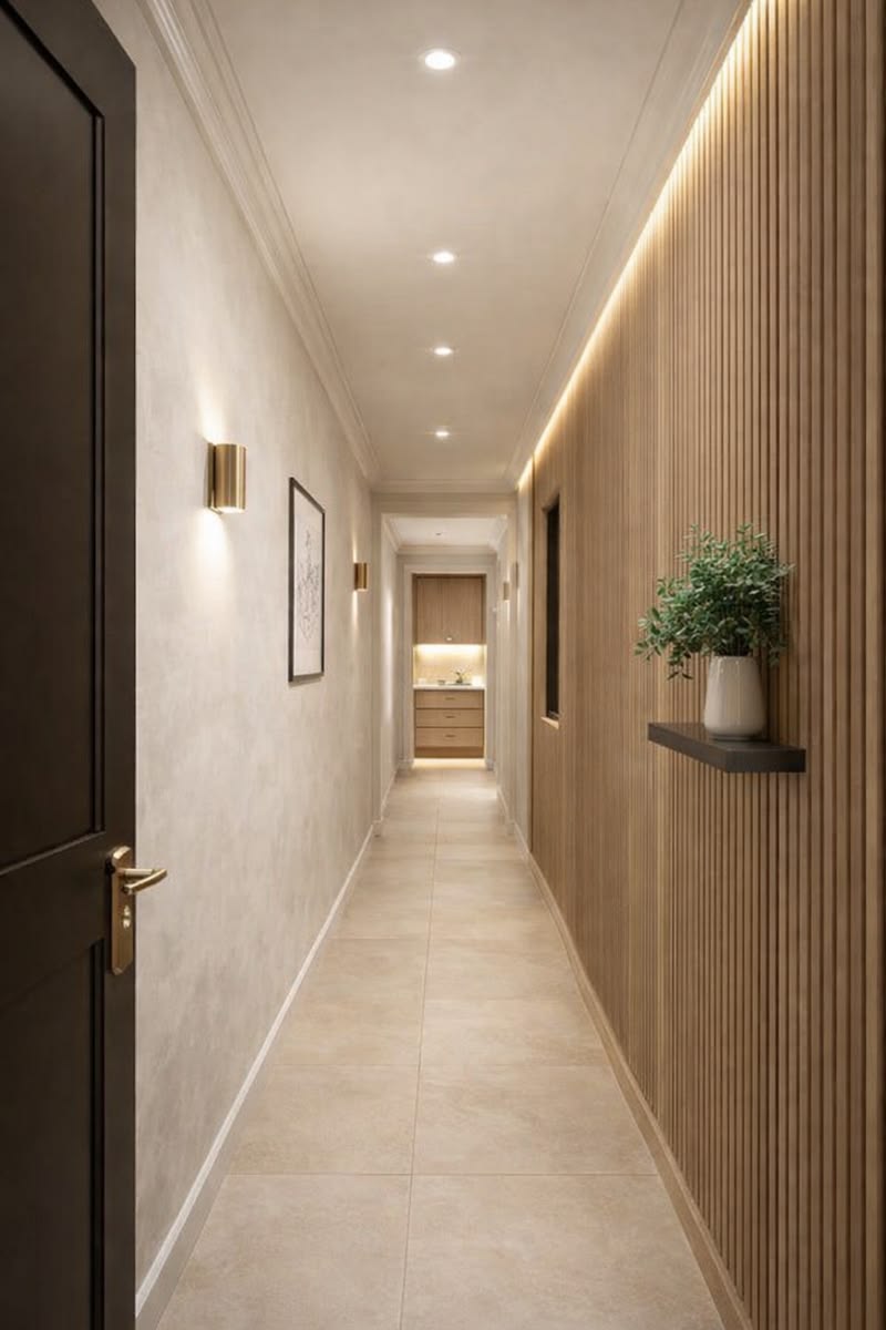 Hallway acoustic slat wall panels - wood veneer cladding - Walevo UK