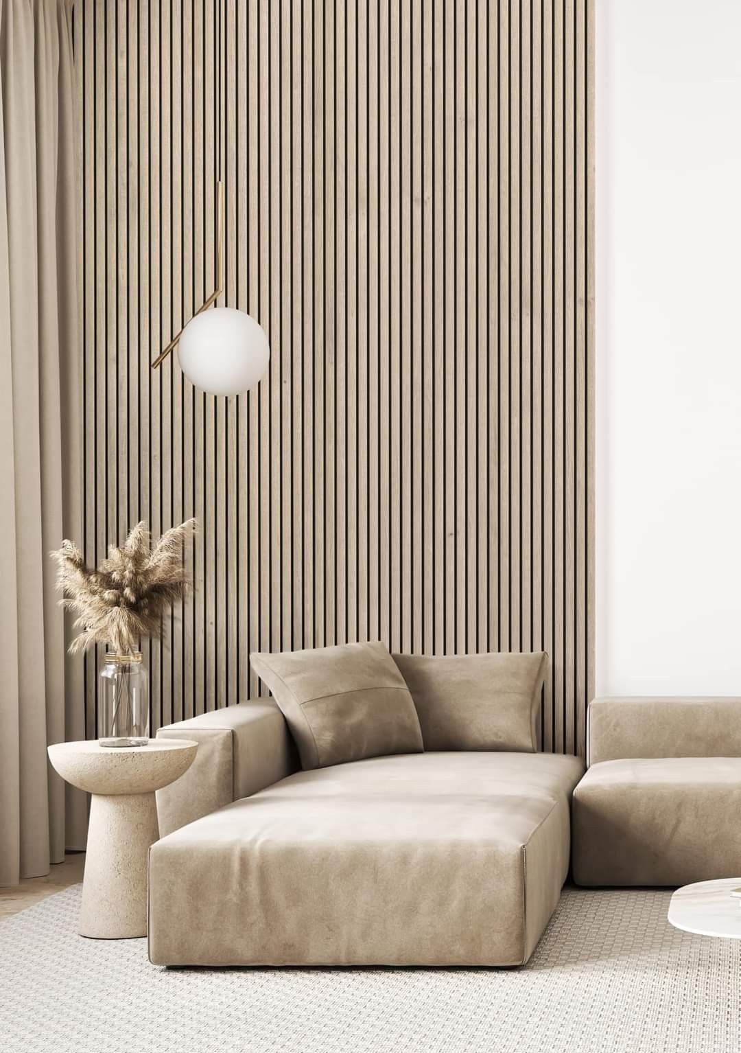 Living room acoustic slat wall panels - Natural Oak finish - Walevo UK