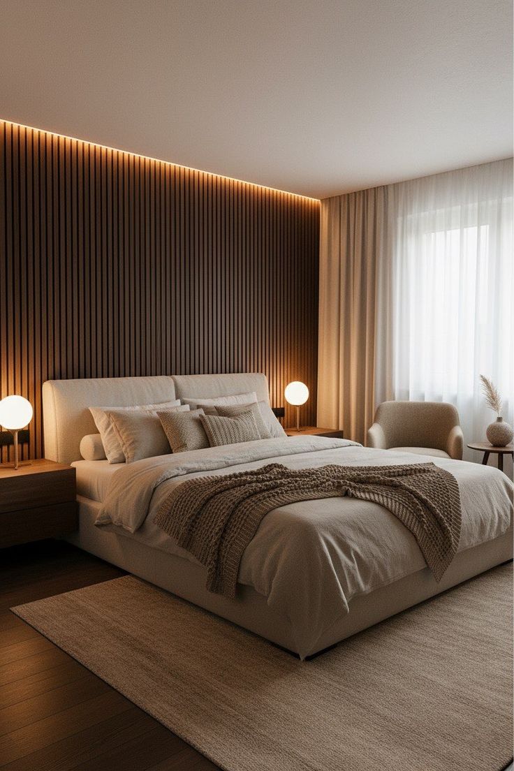 Bedroom acoustic slat wall panels - feature wall behind bed - Walevo UK