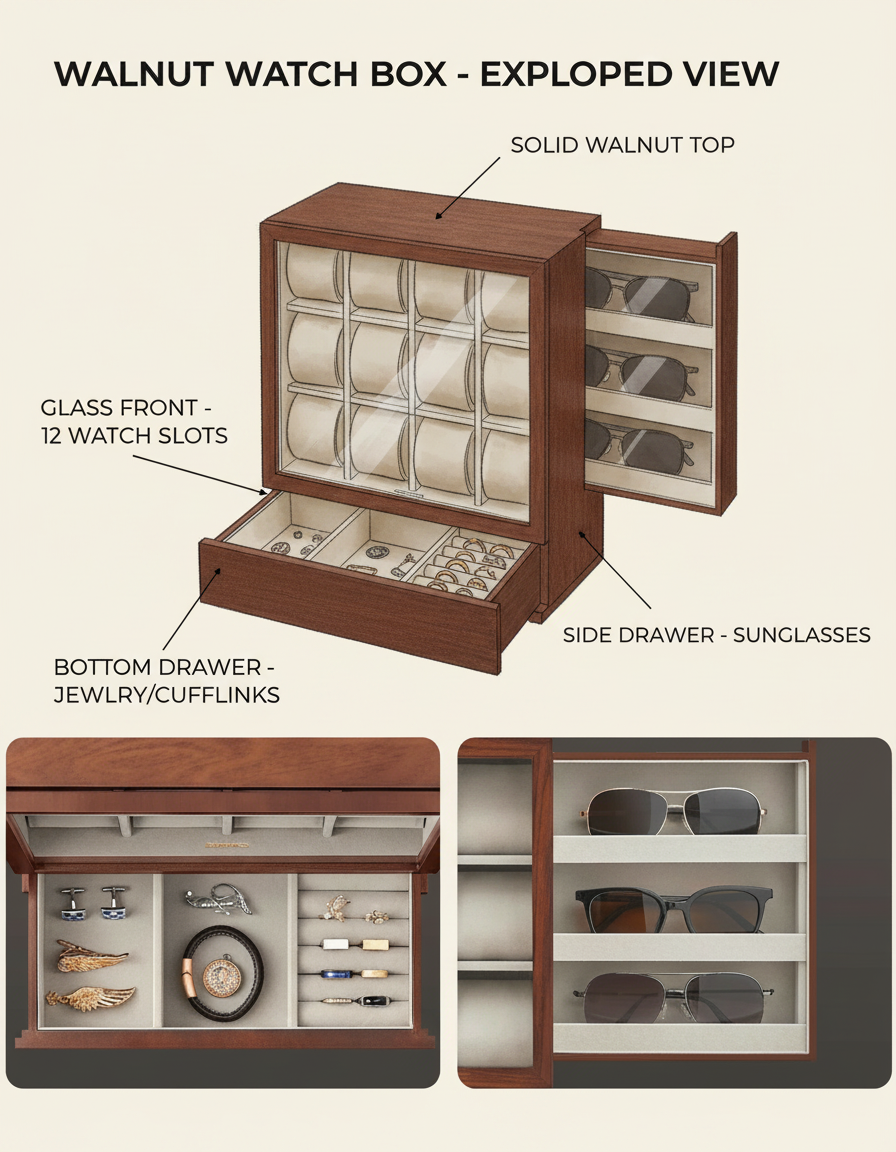 12-Slot Solid Wood Watch Box