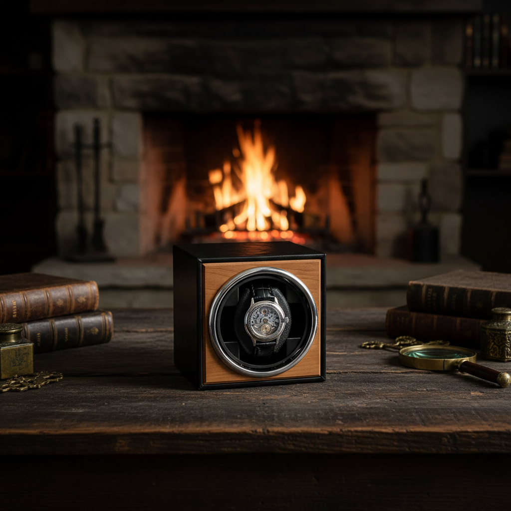 Compact Watch Winder - shot-V3-Leather-Wood-Single