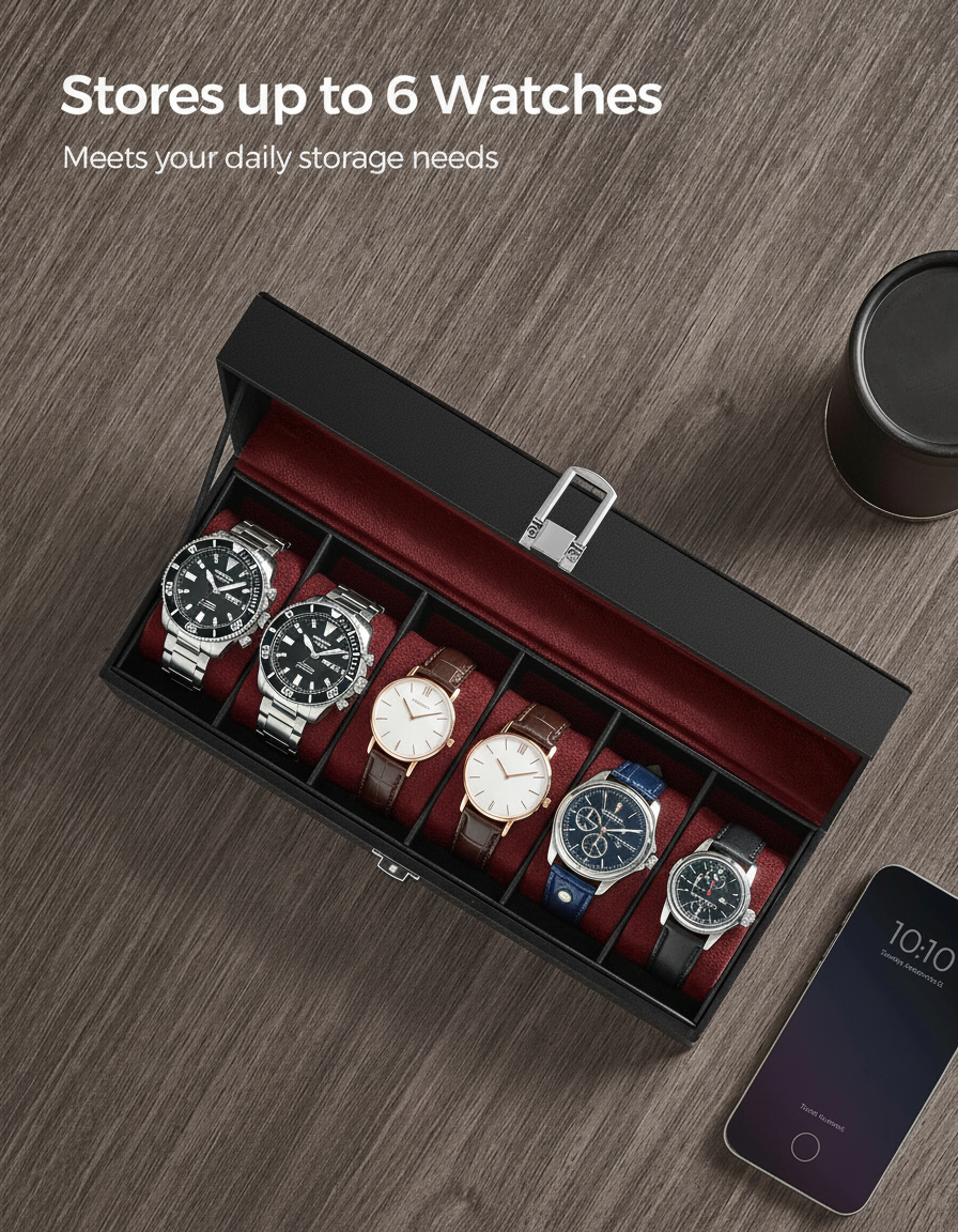 6-Slot Watch Box with Glass Lid - FEAT3