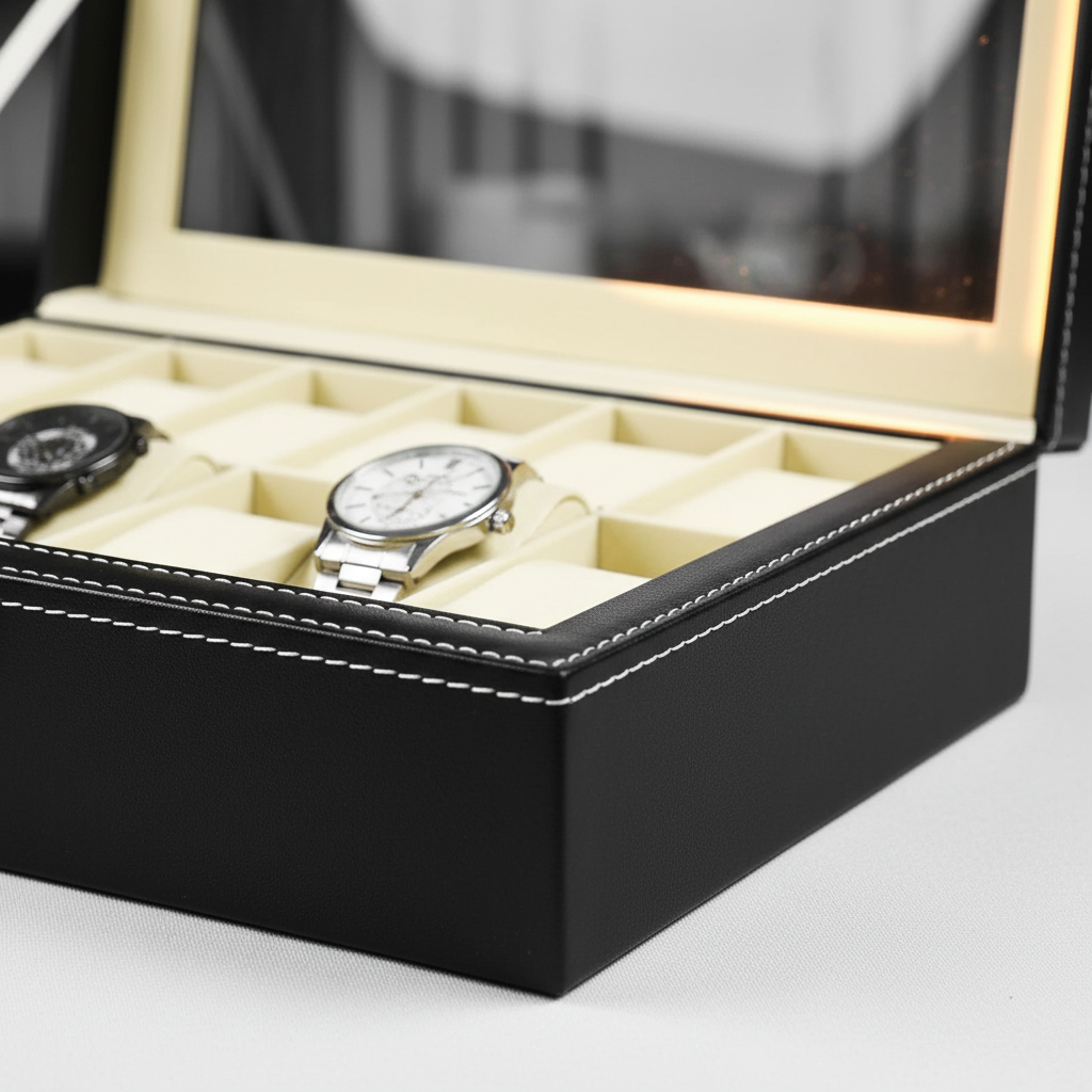 Leather Watch Box with Glass Top - FEAT2
