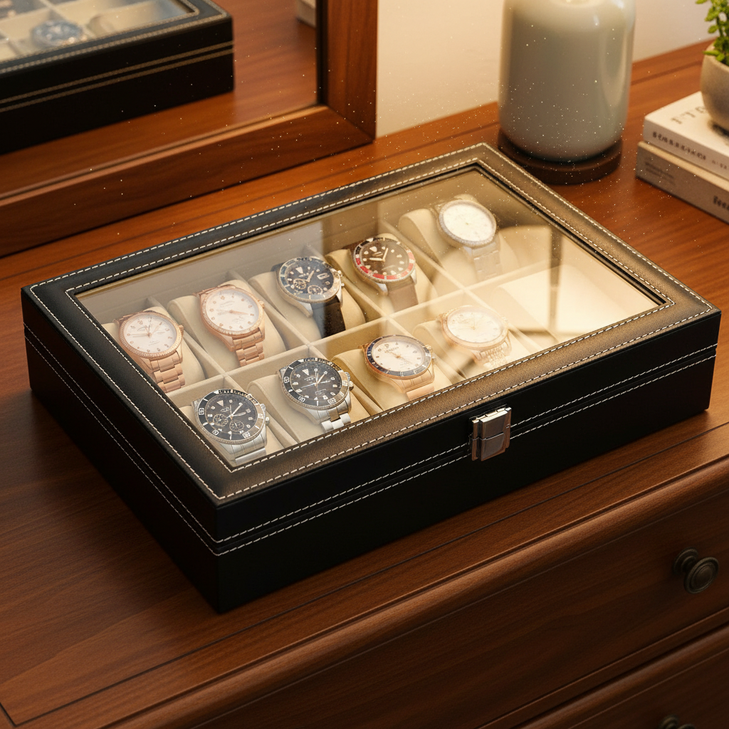 Leather Watch Box with Glass Top - FEAT3